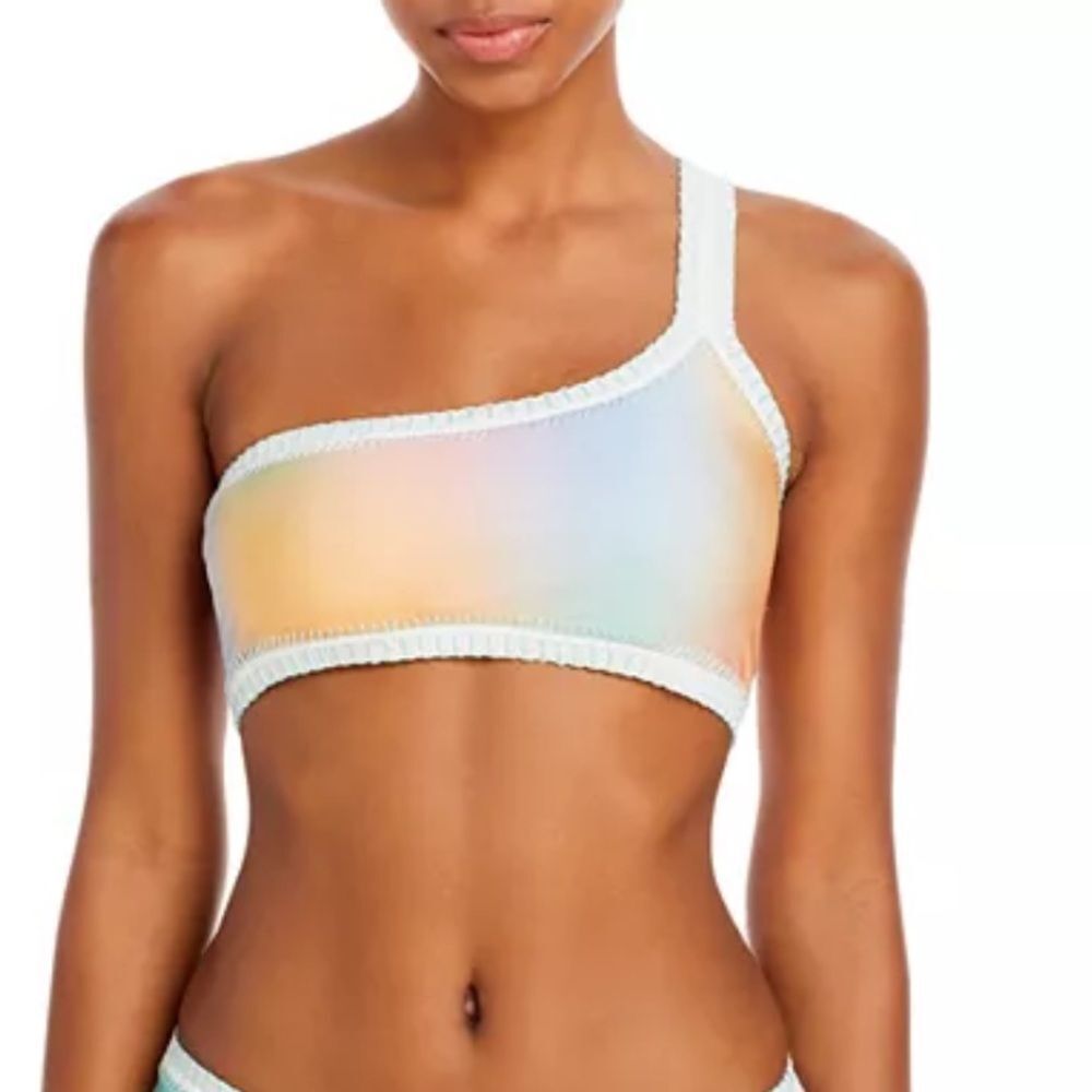 Platinum inspired by Solange Ferrarini Crochet Trim One Shoulder Bandeau Bikini